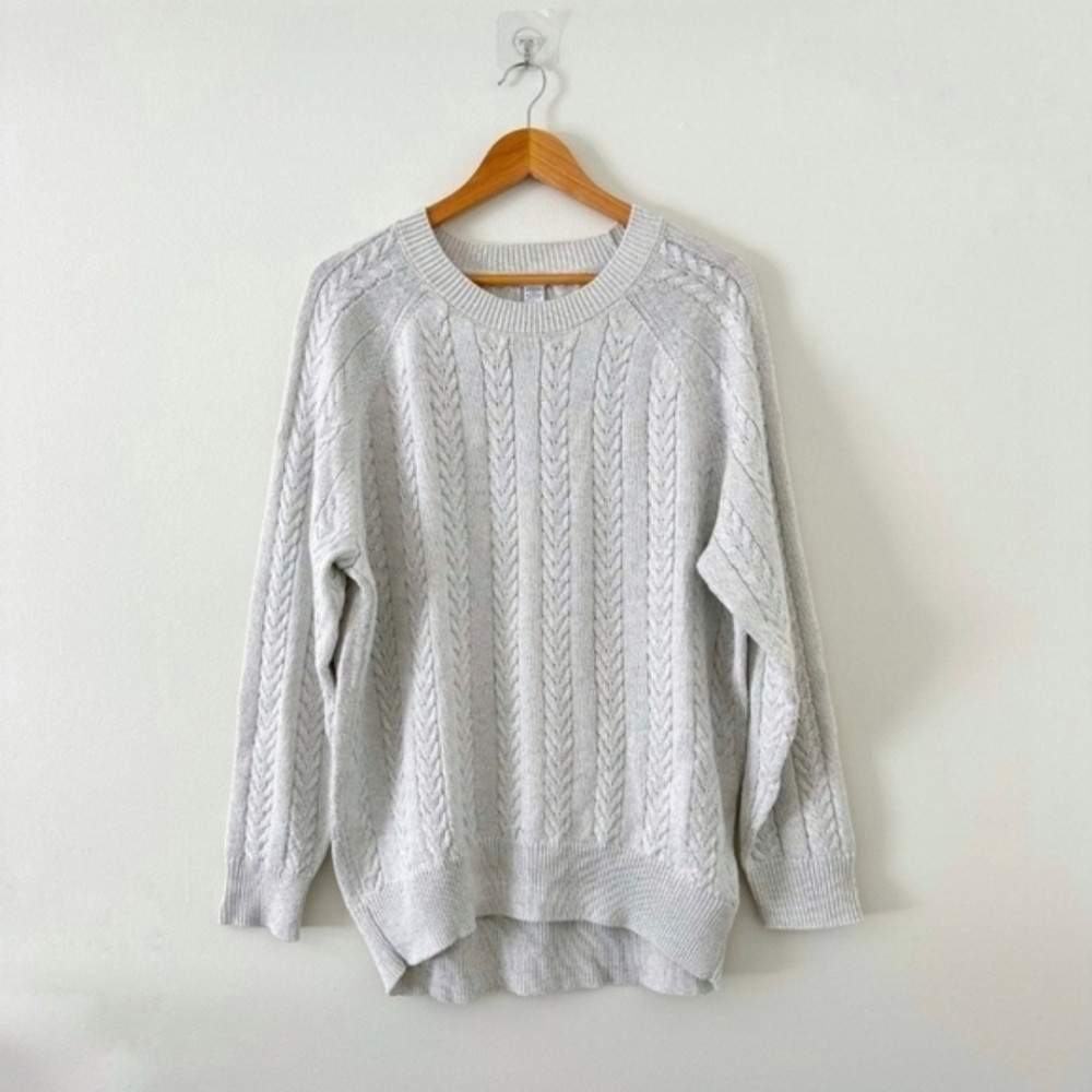 Athleta Sparkle Silver Sweater Size 1X Cable Knit Hi Lo Hem Metallic Oversize